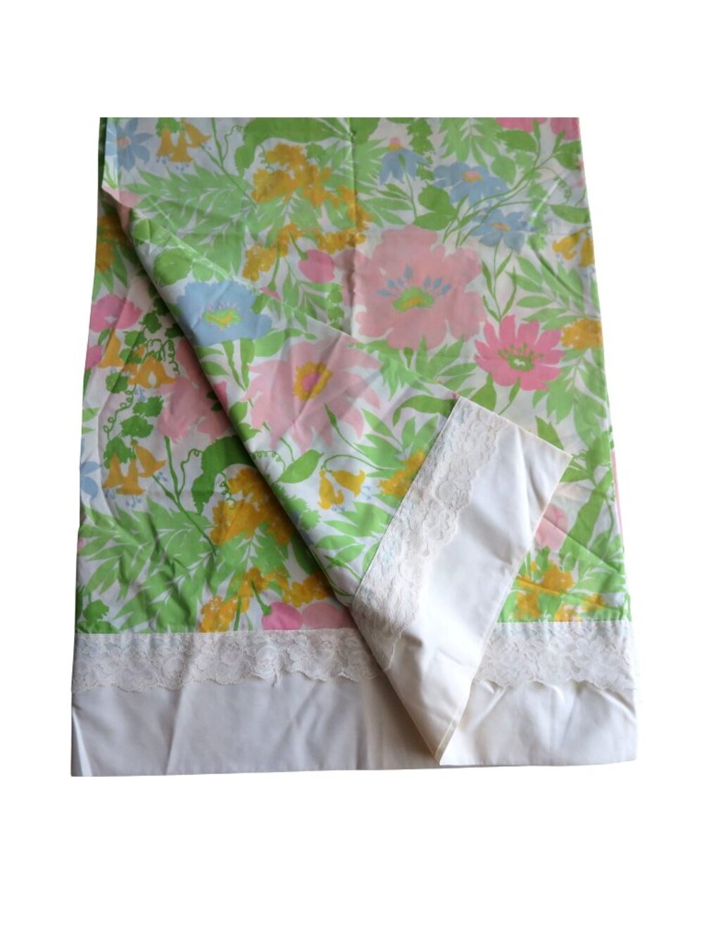 Vintage 70s JC Penney King Pillowcases Floral Print Lace Trim Percale Cottage